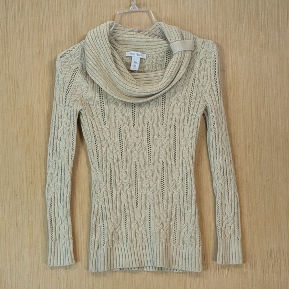 White House Black Market Sweater Women XXS Beige Cable Knit Cowl Neck Y2K Preppy